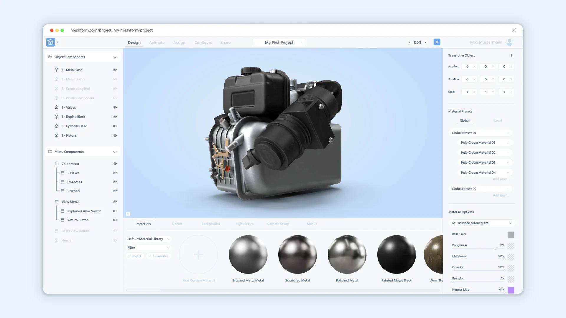 Meshform Plattform – Design-Ansicht mit Materialien und 3D-Editor